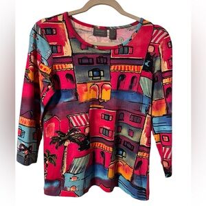 Chicos 0 6  houses/palm trees, red multicolor three-quarter length sleeve top